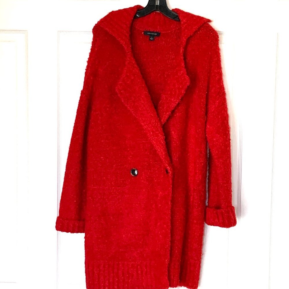 ANN TAYLOR Red Bouclé Red Sweater Coat Jacket Size M